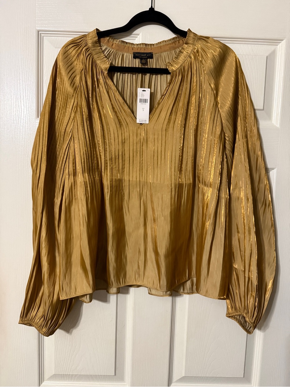 Current Air Metallic Gold Pleated V-Neck Blouse